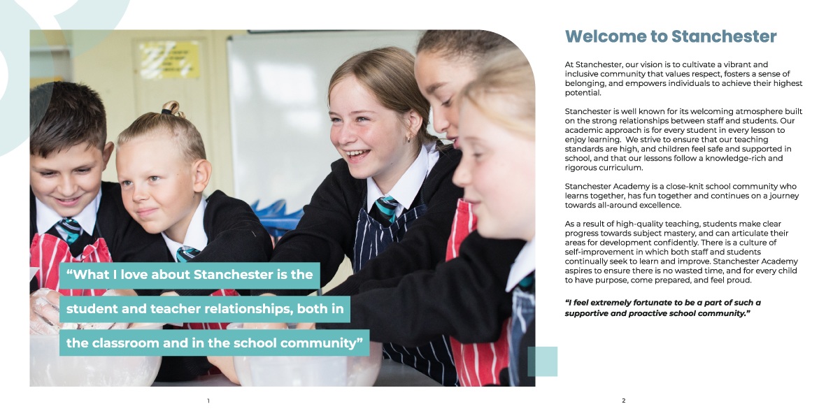 Stanchester Academy prospectus design page 1 and 2