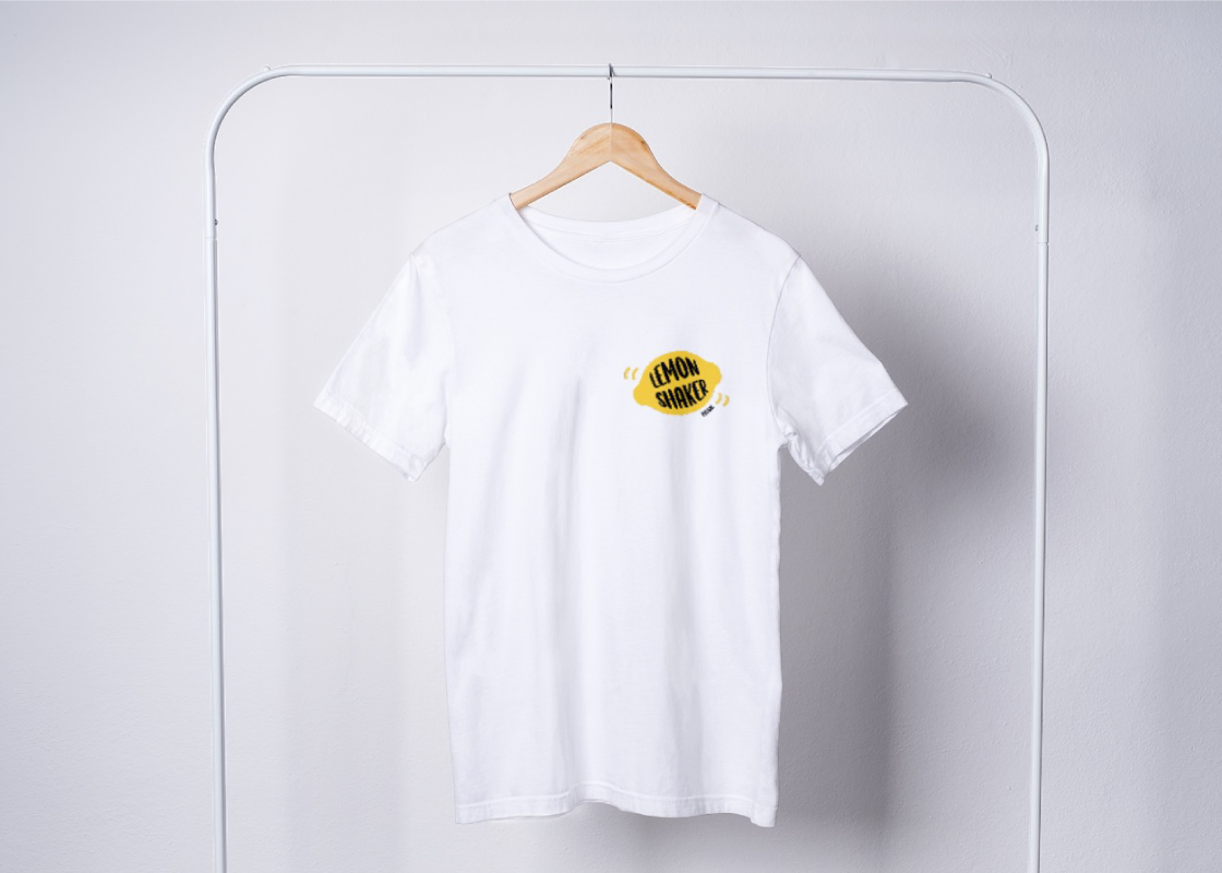 Lemon Shaker Music logo on a white t-shirt